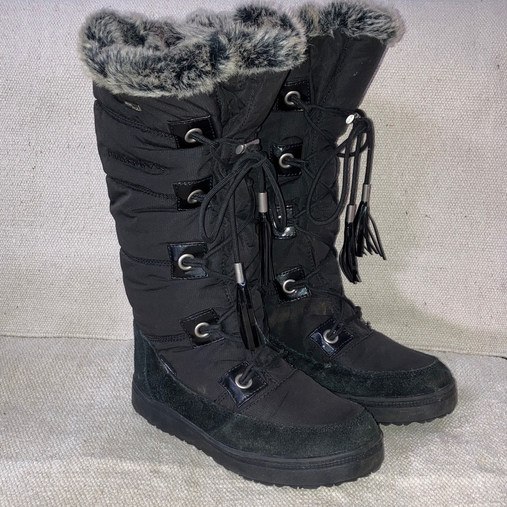 Cozy Black tall Winter Boots faux fur & leather upper trim wm’s size 8 Windriver